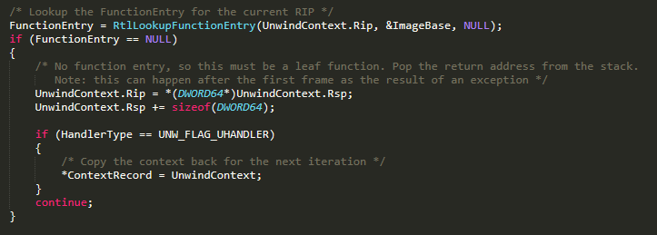 Looking up function entry in exception directory