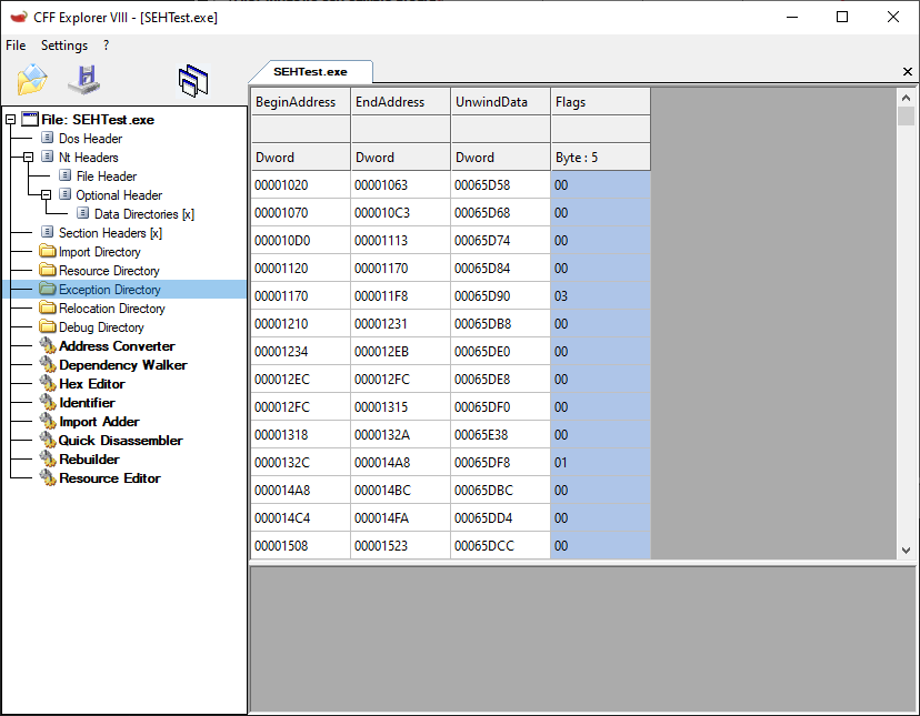 Exception directory in PE executable