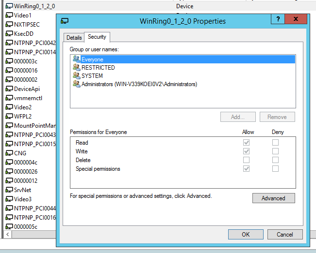 WinObj showing the access permissions of the driver