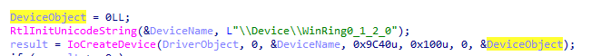 Ida disassembly showing the driver uses IoCreateDevice