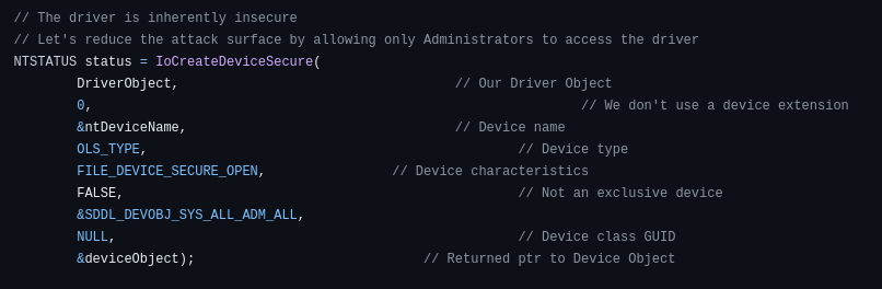 Driver source showing it uses IoCreateDeviceSecure