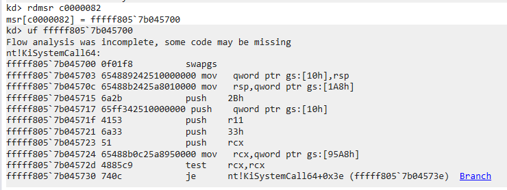 KiSystemCall64 saves the user RSP and loads the kernel RSP